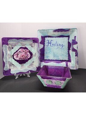 Vtg Mod Podge Square Glass Plates Bowl Set 3 Purple Healing Floral Design 10" 8"